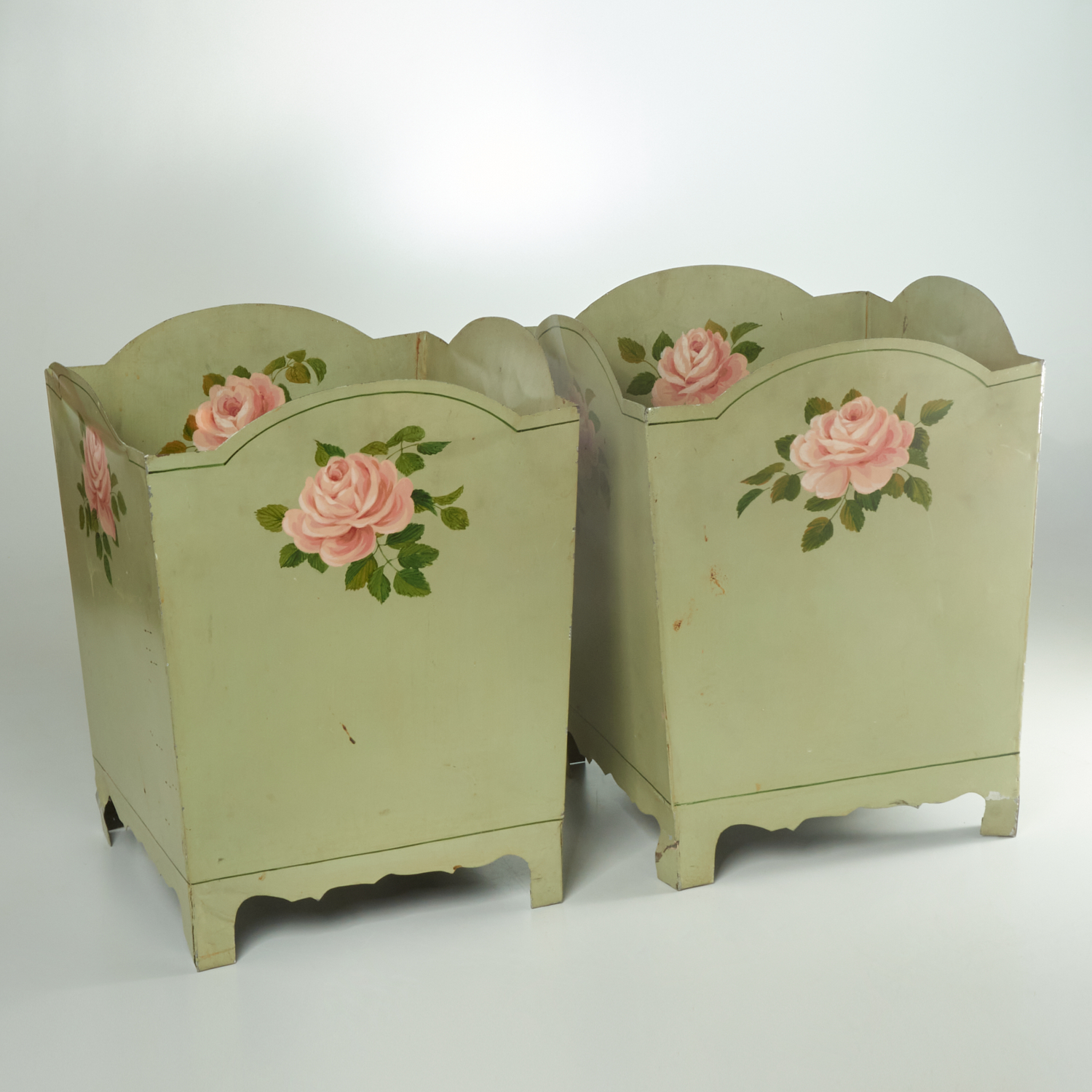 PAIR VINTAGE PAINTED TOLE WASTEPAPER 3619ce