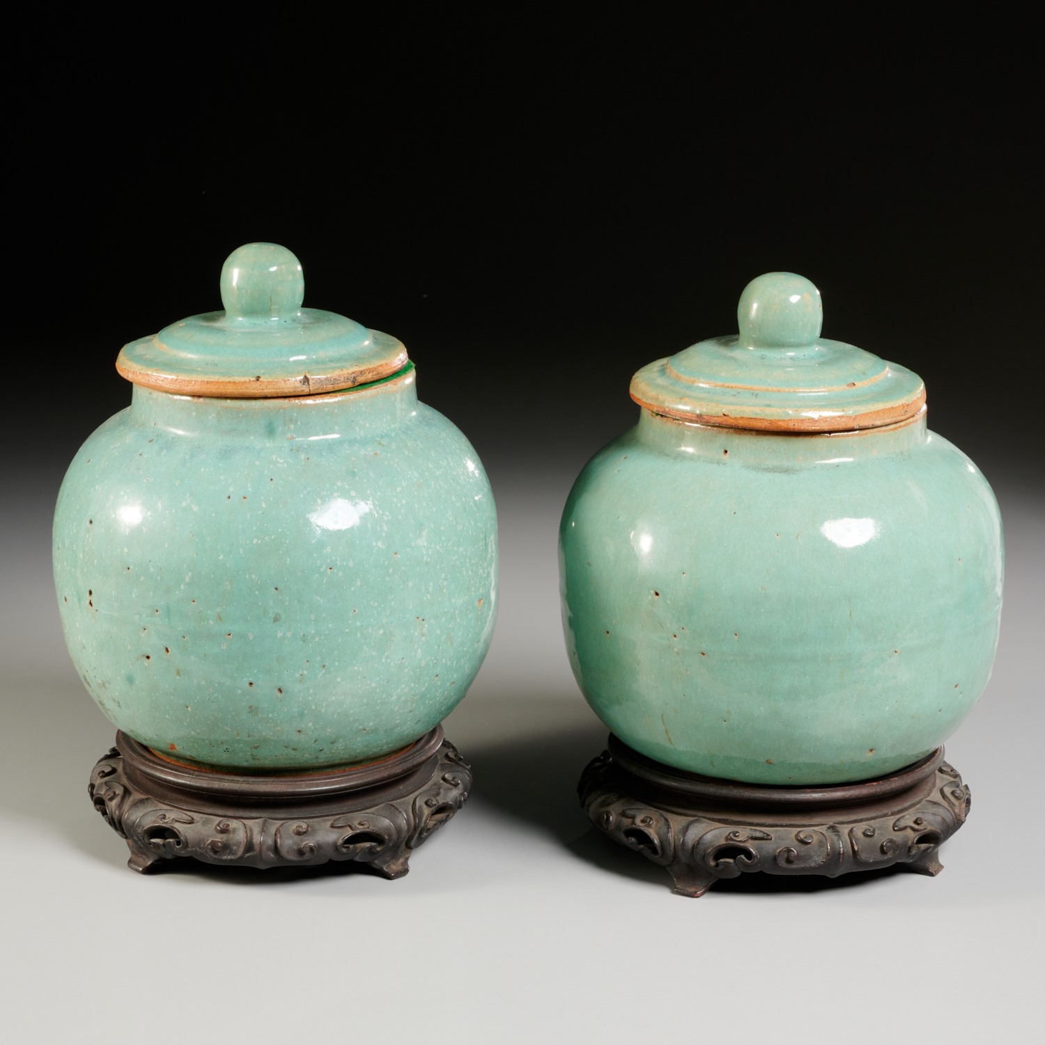 PAIR CHINESE CELADON JARS AND COVERS 361d0f