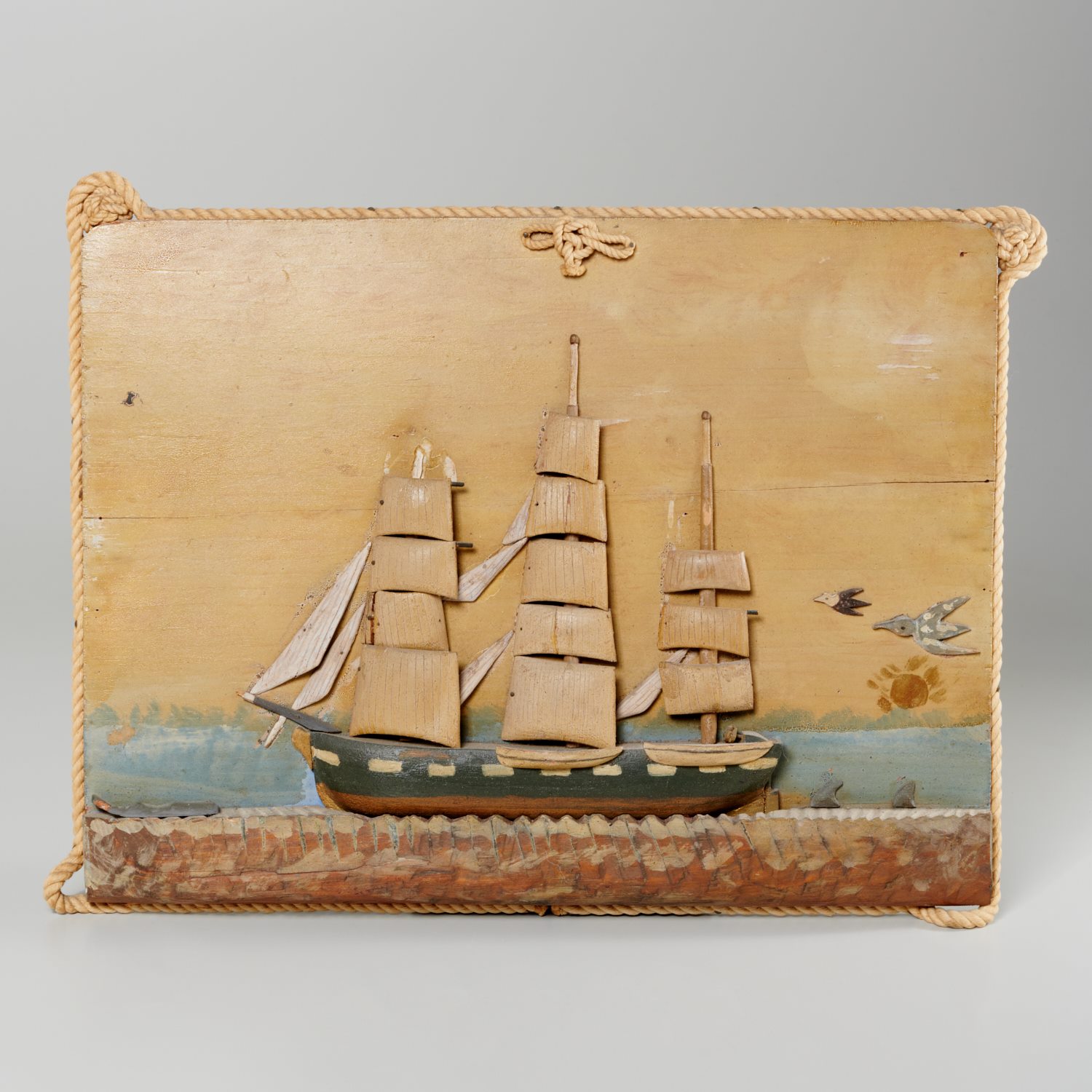 FOLK ART WHALING SHIP RELIEF PAINTING 361dae