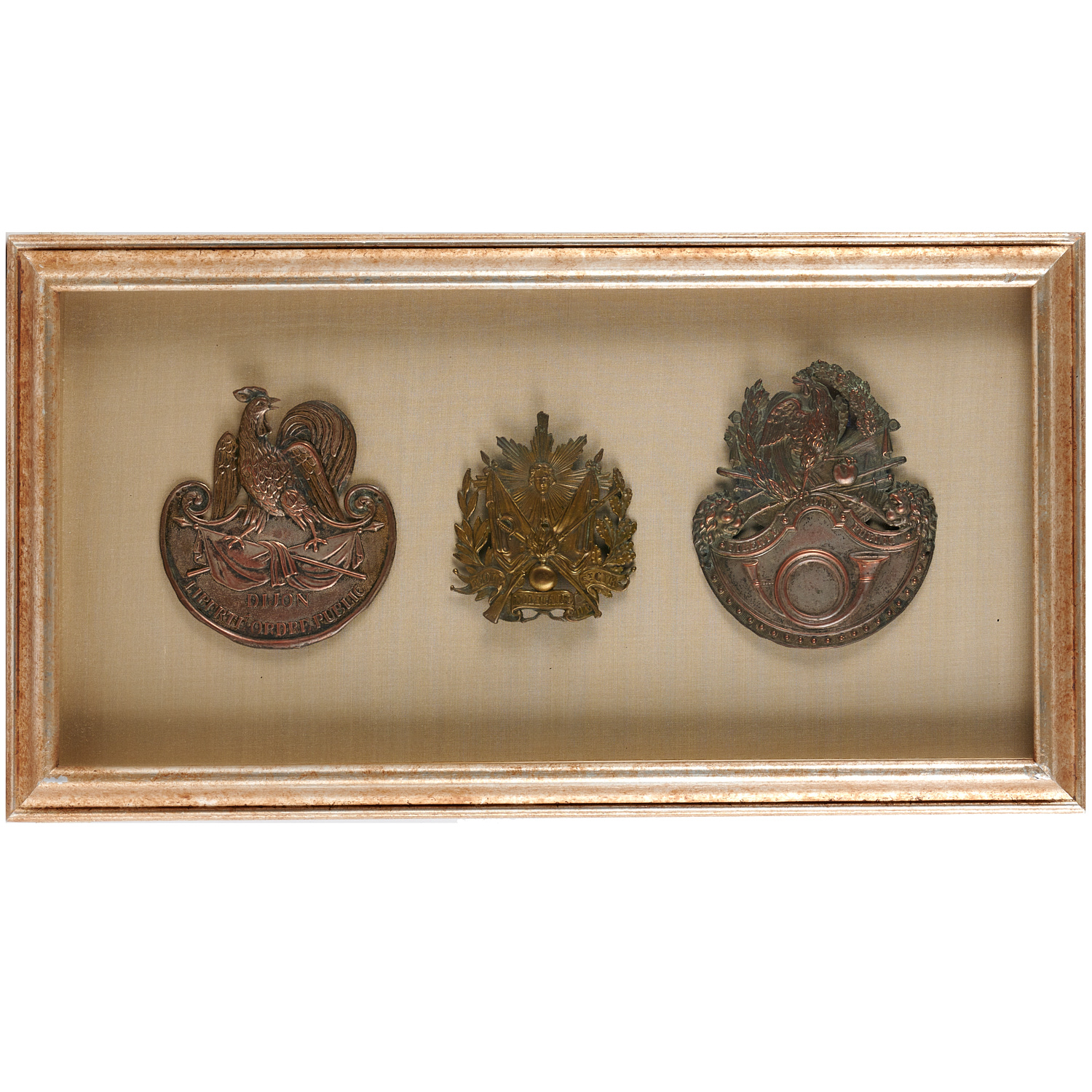 (3) FRENCH MILITARY SHAKO PLAQUES,