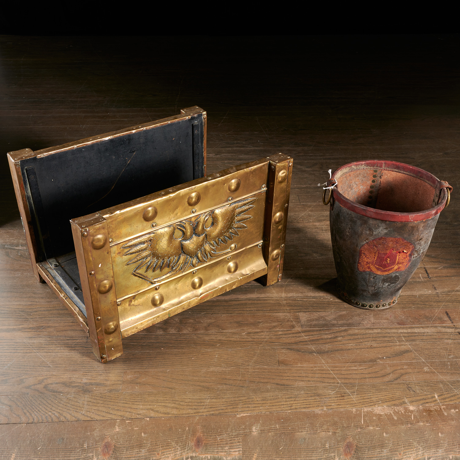 ANTIQUE FIRE BUCKET AND BRASS FIREWOOD