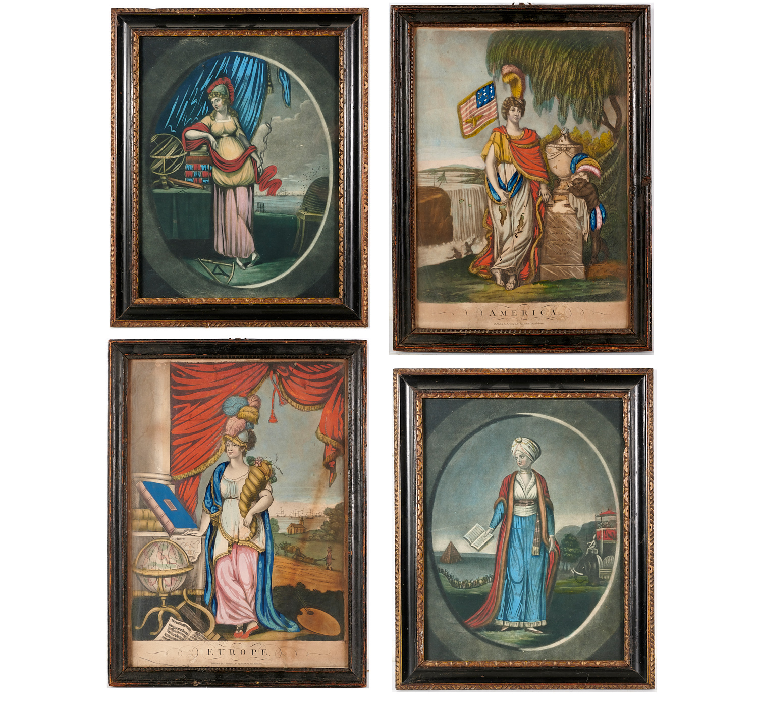  4 HAND COLORED ALLEGORICAL PRINTS 3623df