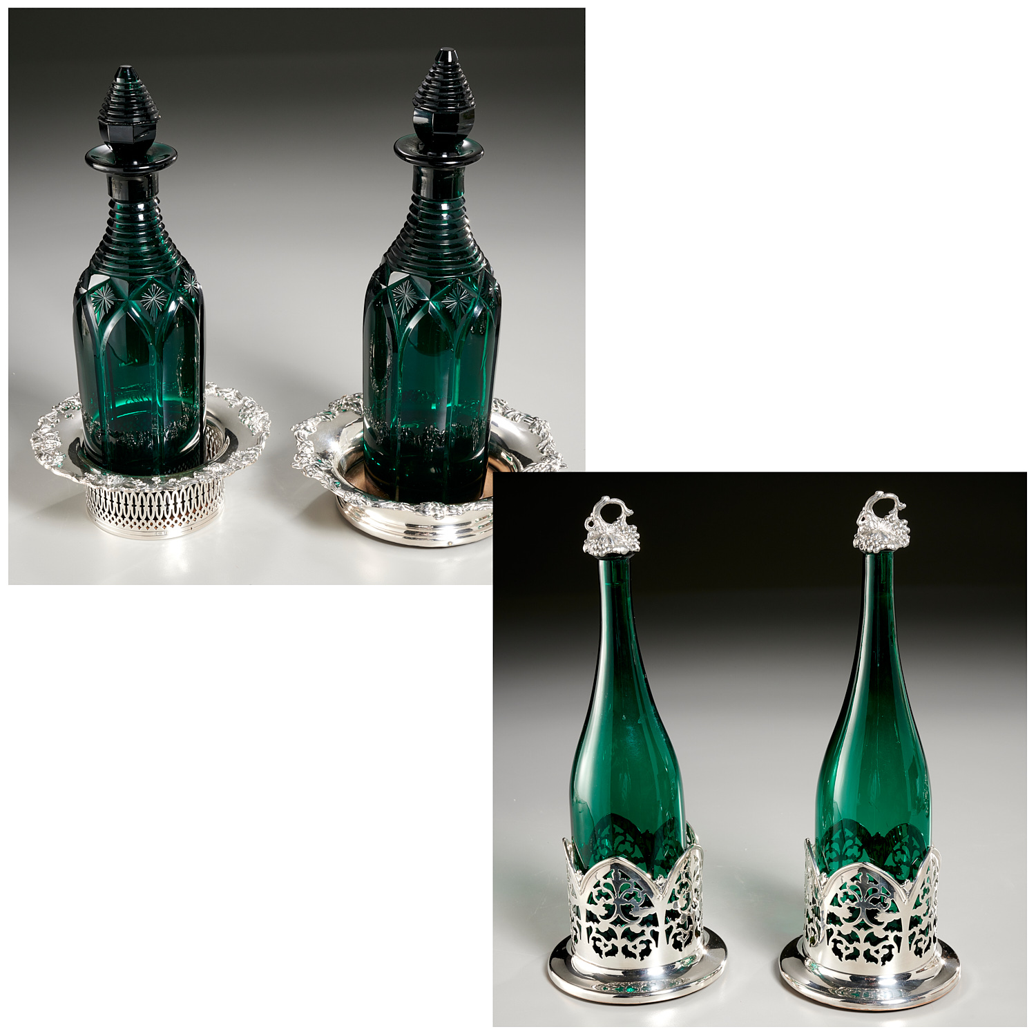  2 PAIRS DARK AQUA GLASS DECANTERS 3623e3