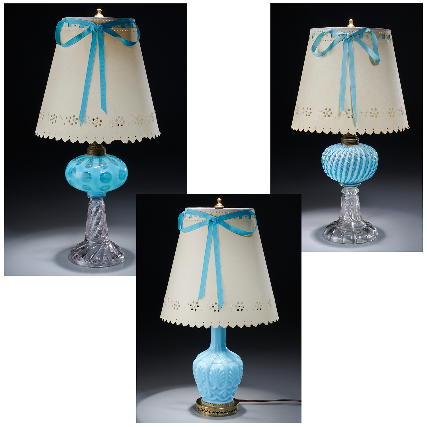 (3) BLUE GLASS FLUID AND VASE LAMPS