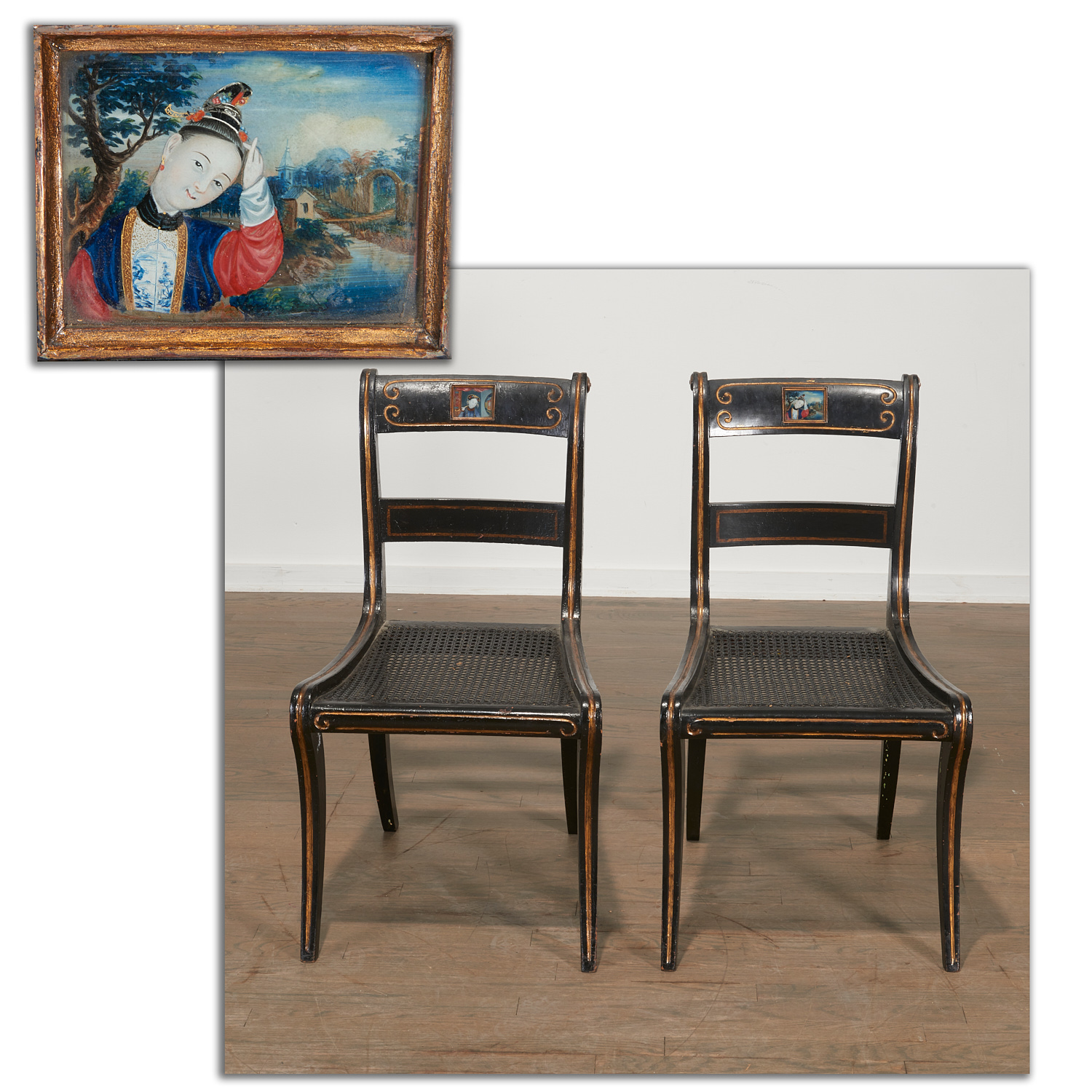 PAIR REGENCY LACQUERED AND EGLOMISE 3624aa