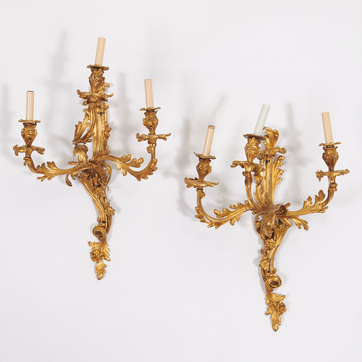 PAIR LARGE LOUIS XV ORMOLU THREE ARM 36255f