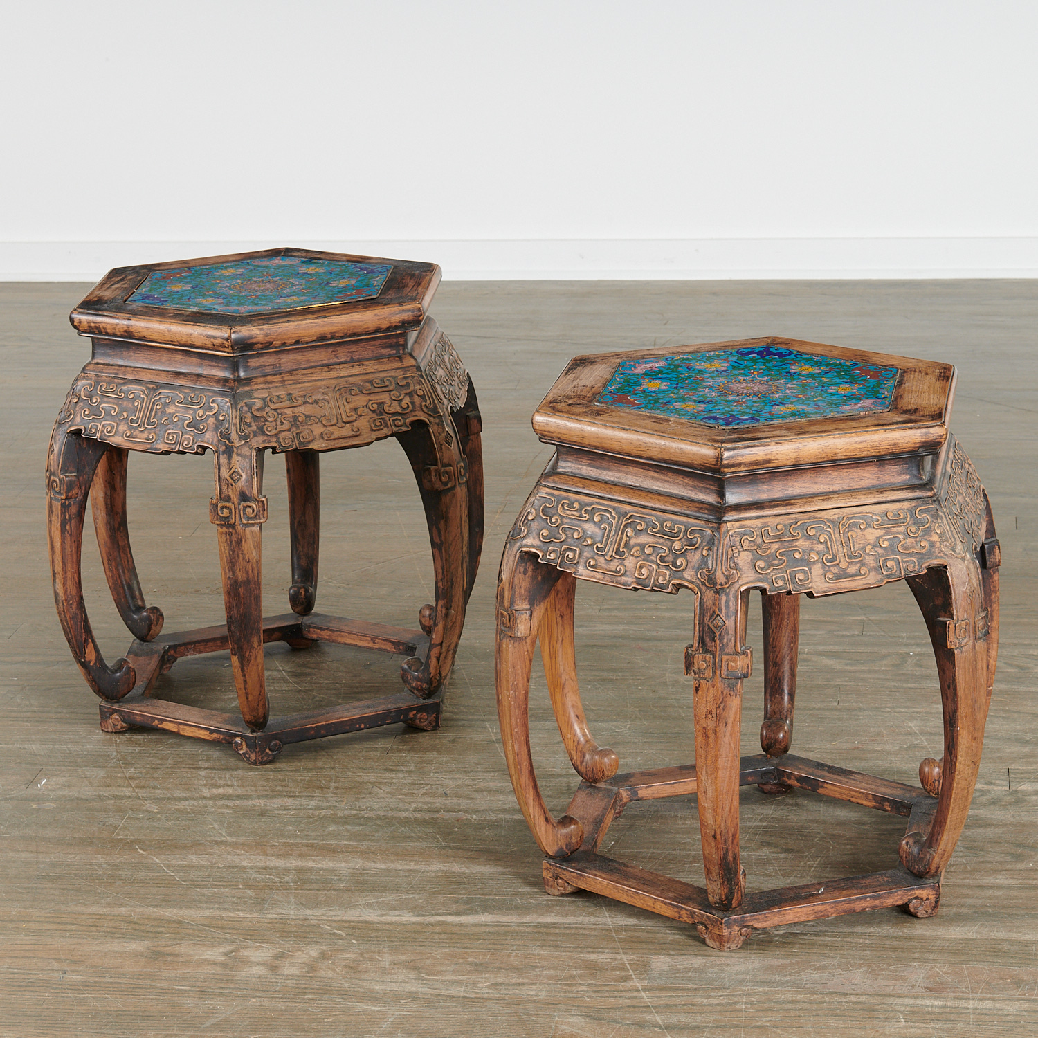 PAIR CHINESE CLOISONNE INSET HARDWOOD 362591