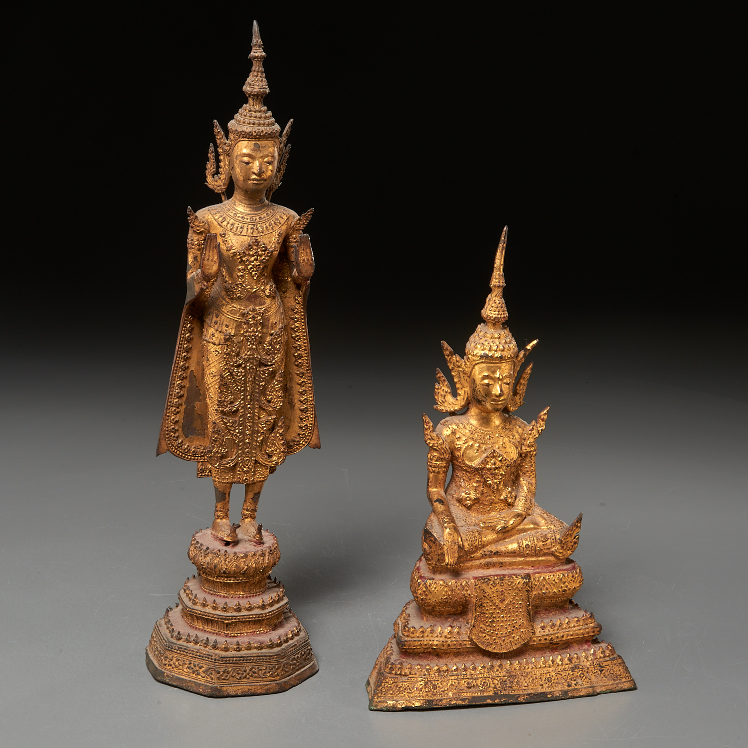 (2) THAI LACQUERED GILT BRONZE BUDDHA