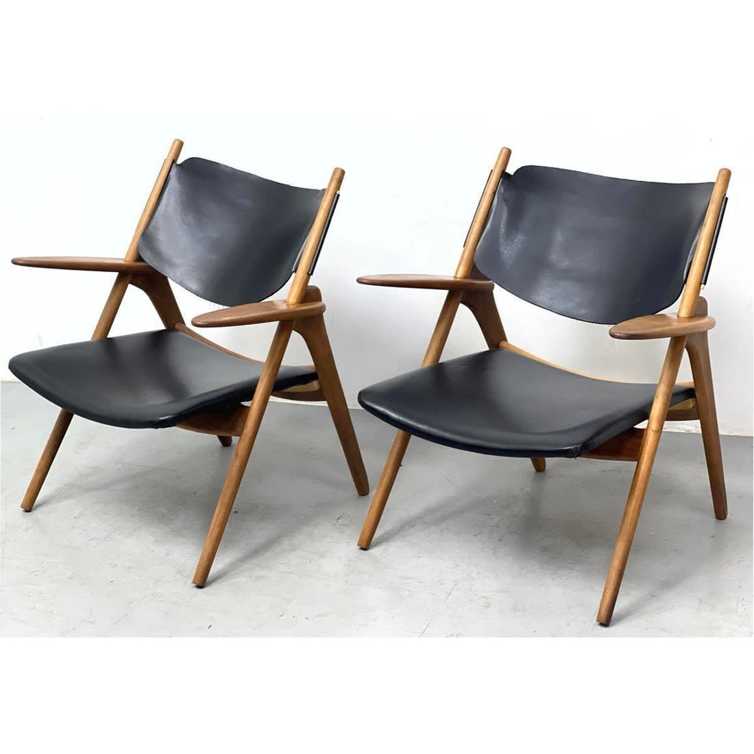 Pair Hans Wegner Style Walnut Leather