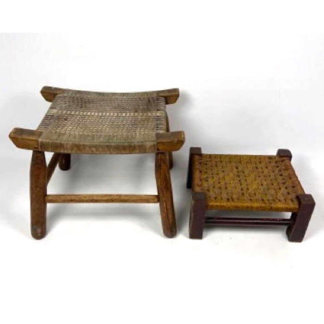 2pc Antique Woven Top Wood Stools 362a3b