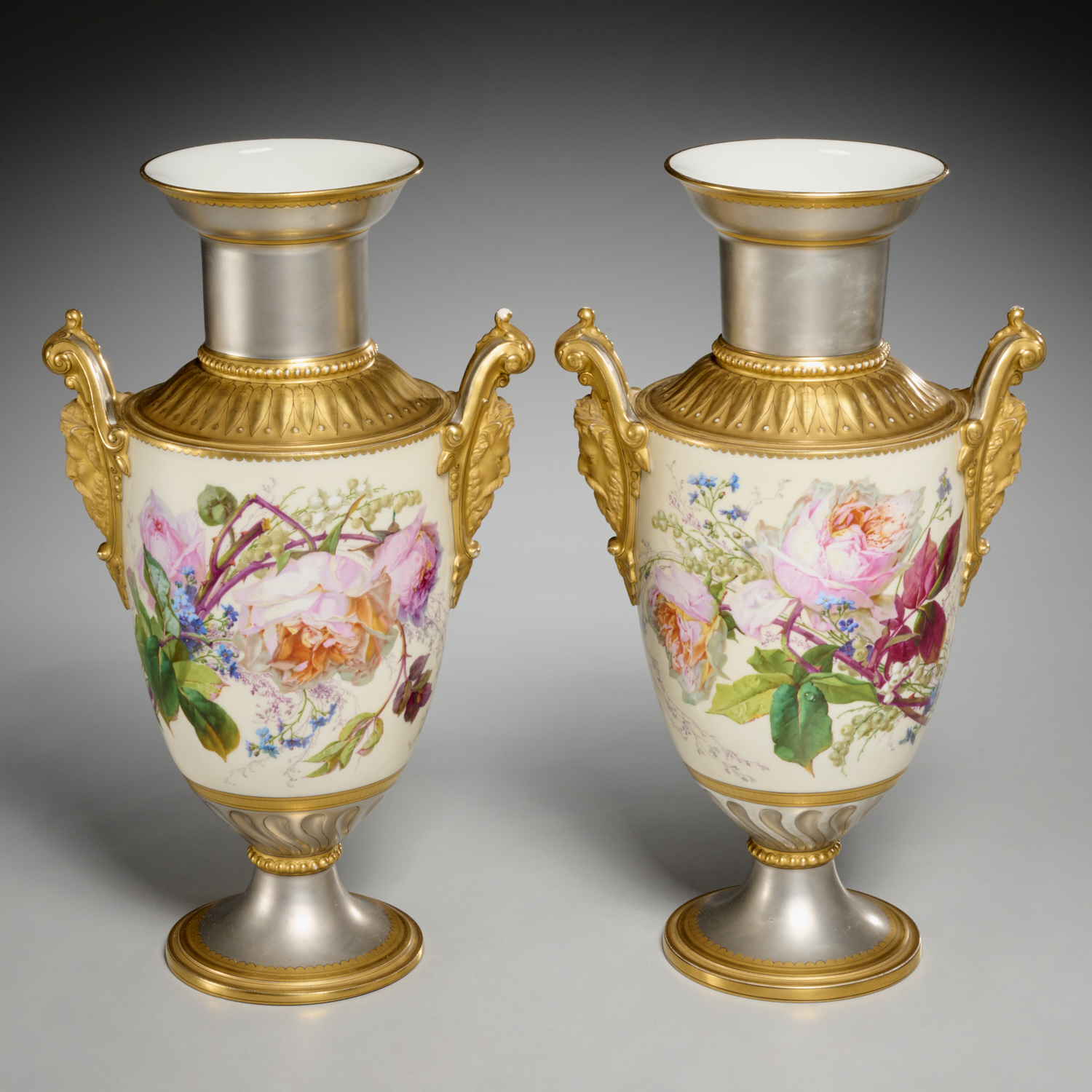 PAIR PARIS PLATINUM AND GILT VASES  360496