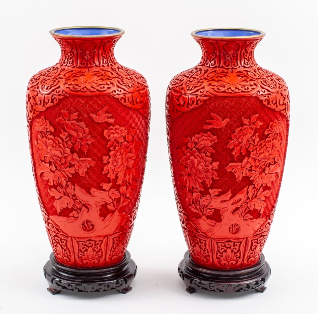 CHINESE CARVED RED LACQUER VASES  3607ce