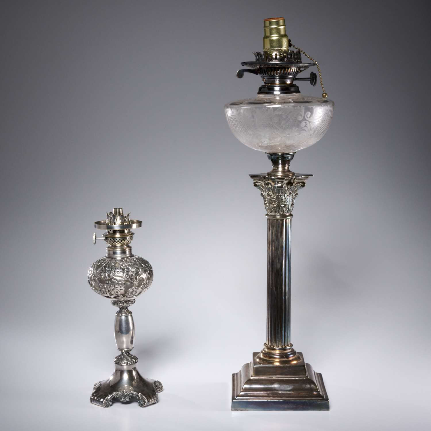 (2) VICTORIAN SILVER PLATE & GLASS OIL