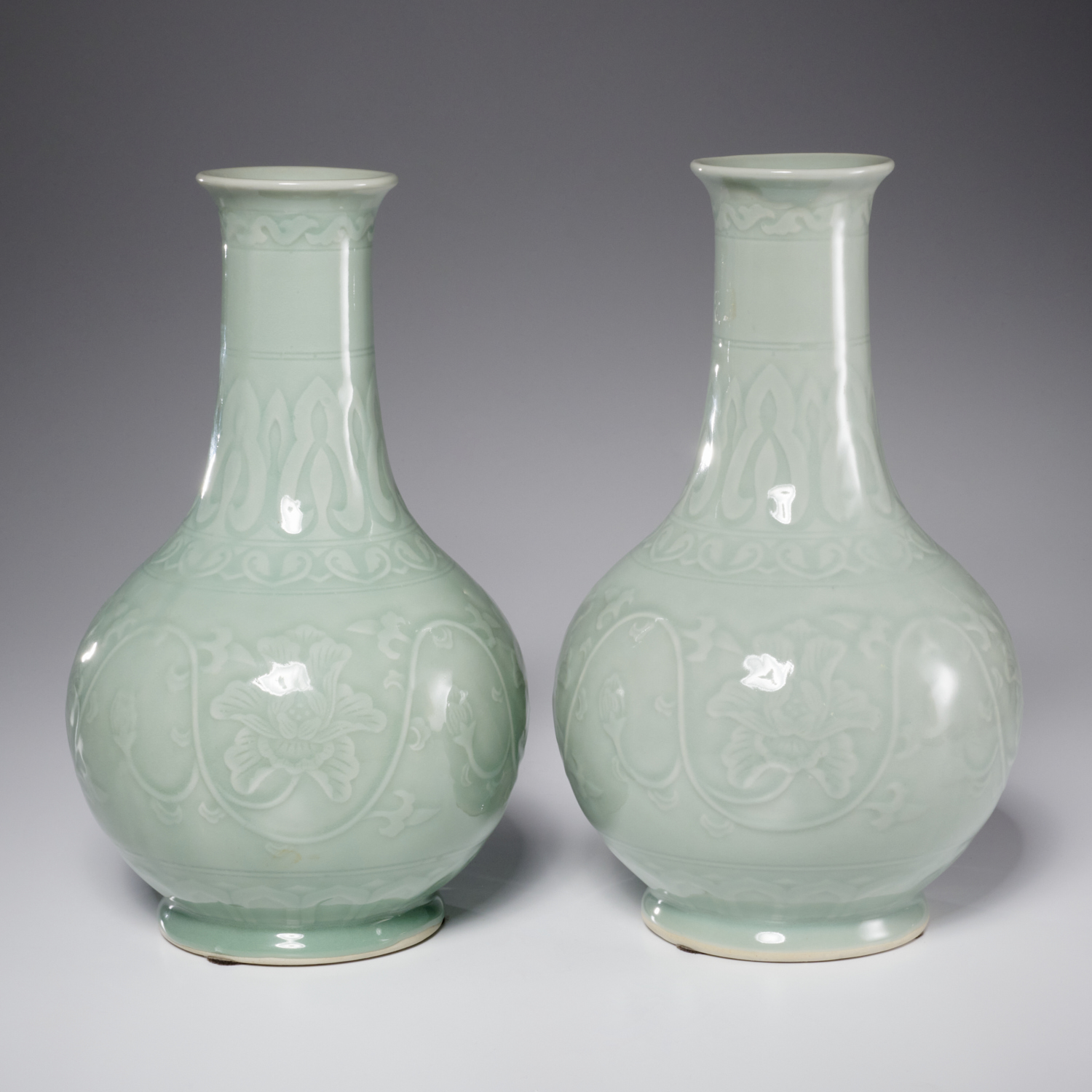 PAIR CHINESE CARVED CELADON VASES 360a29