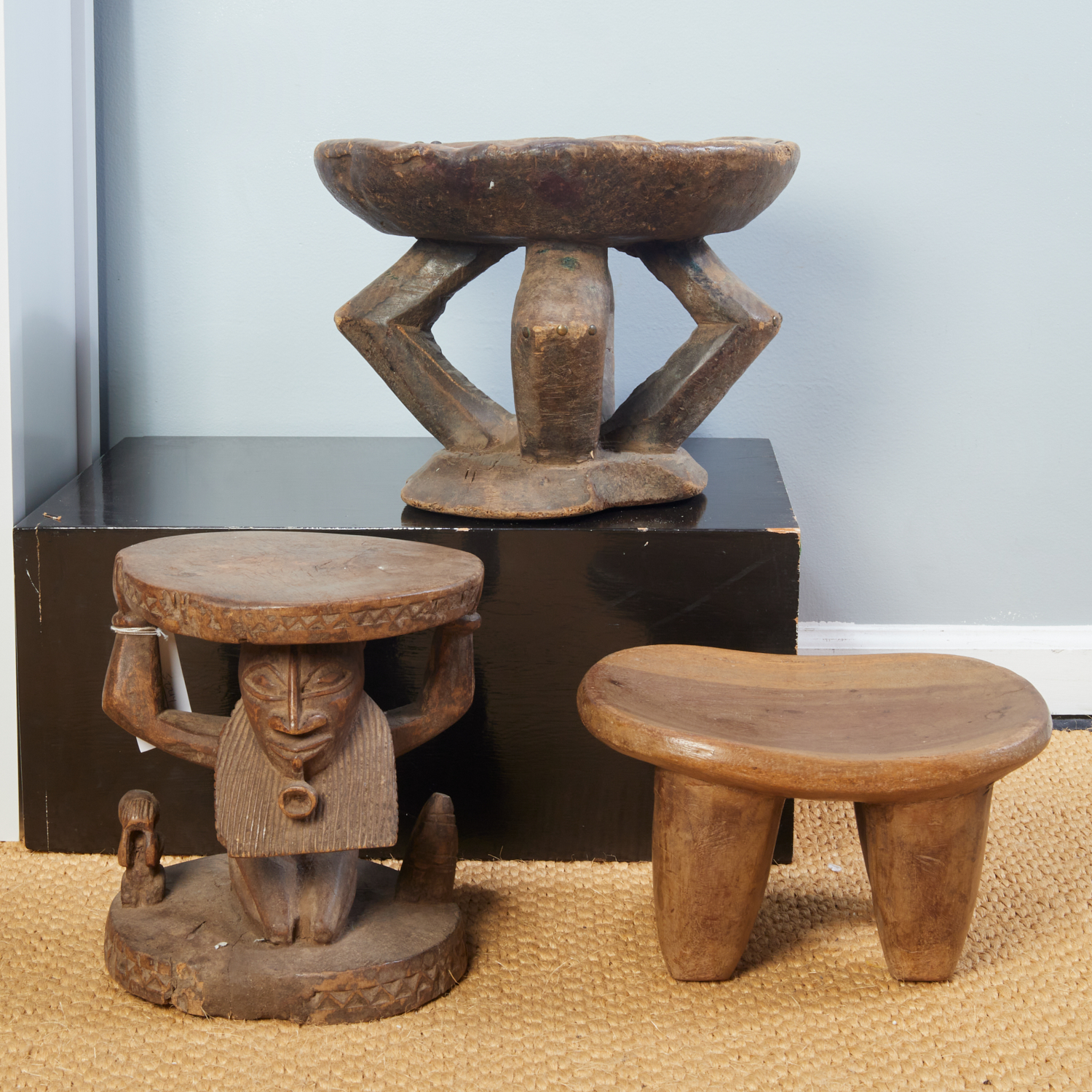  3 AFRICAN CARVED WOOD STOOLS 360a45