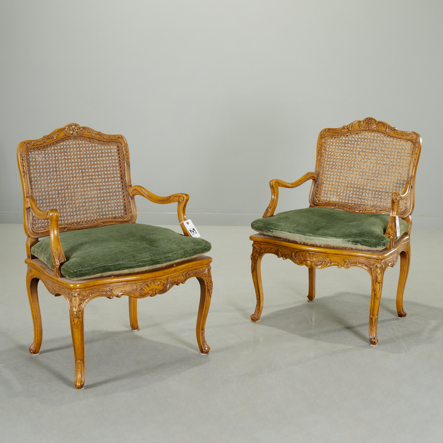 PAIR OLD LOUIS XV STYLE CANED FAUTEUILS