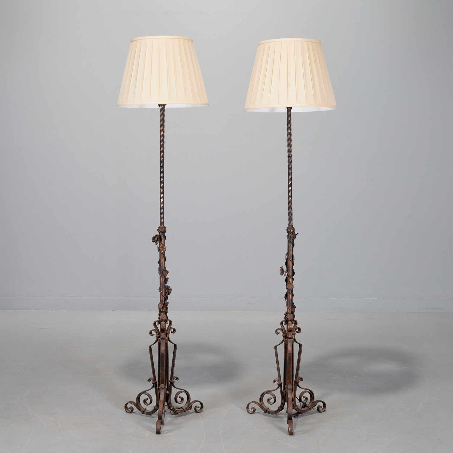 PAIR WROUGHT IRON FLOOR LAMPS Early