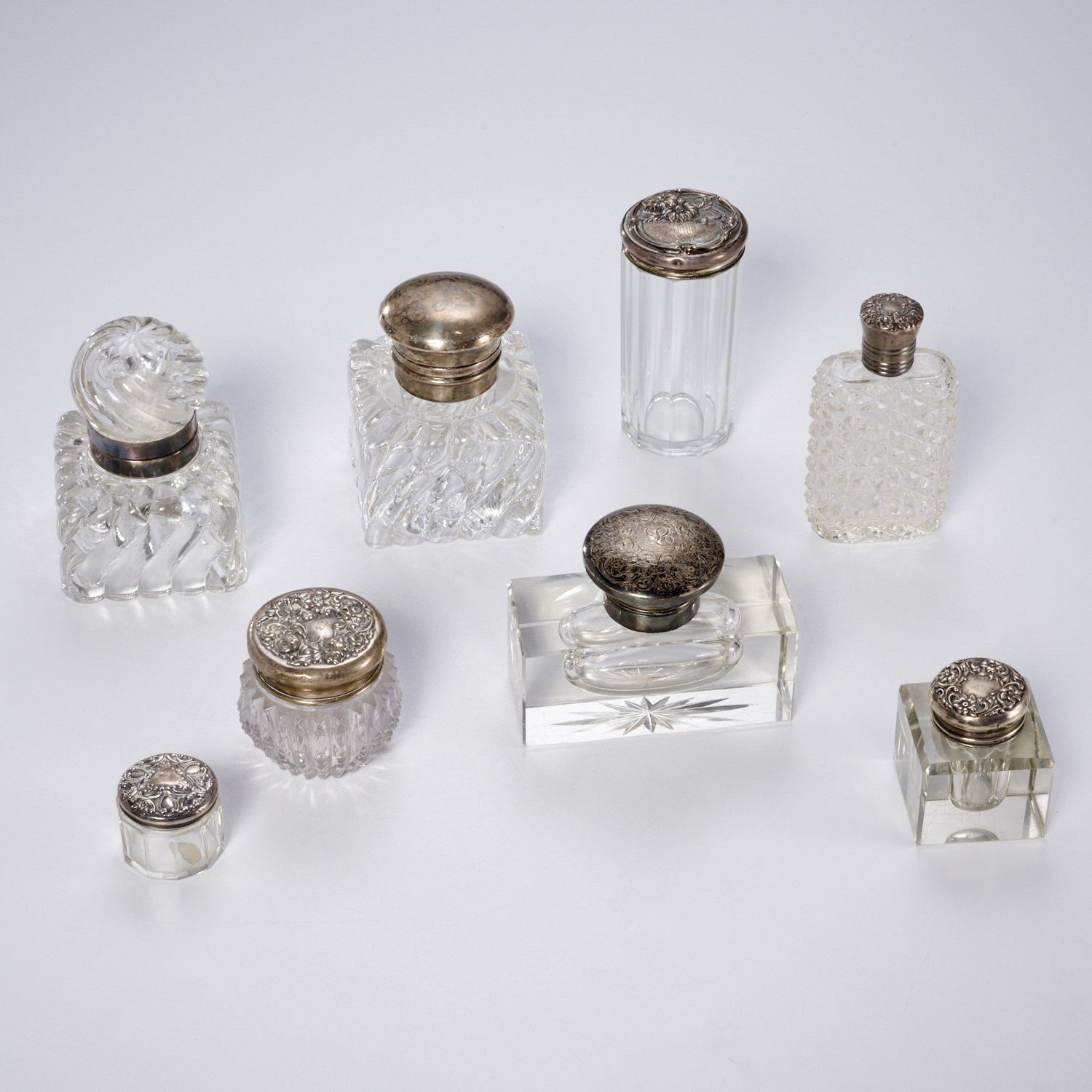 GROUP (8) ANTIQUE INKWELLS, POWDER