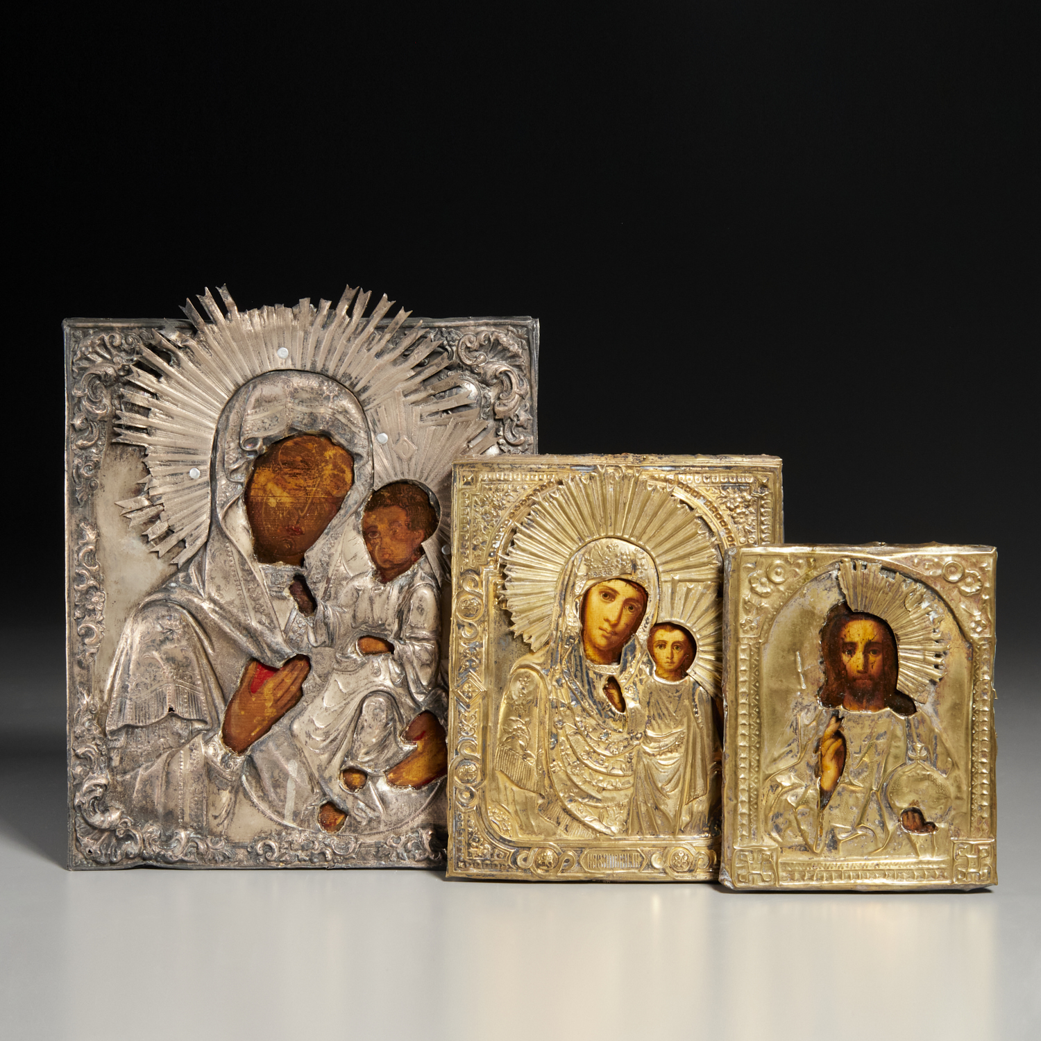 (3) RUSSIAN ICONS, SILVER & BRASS