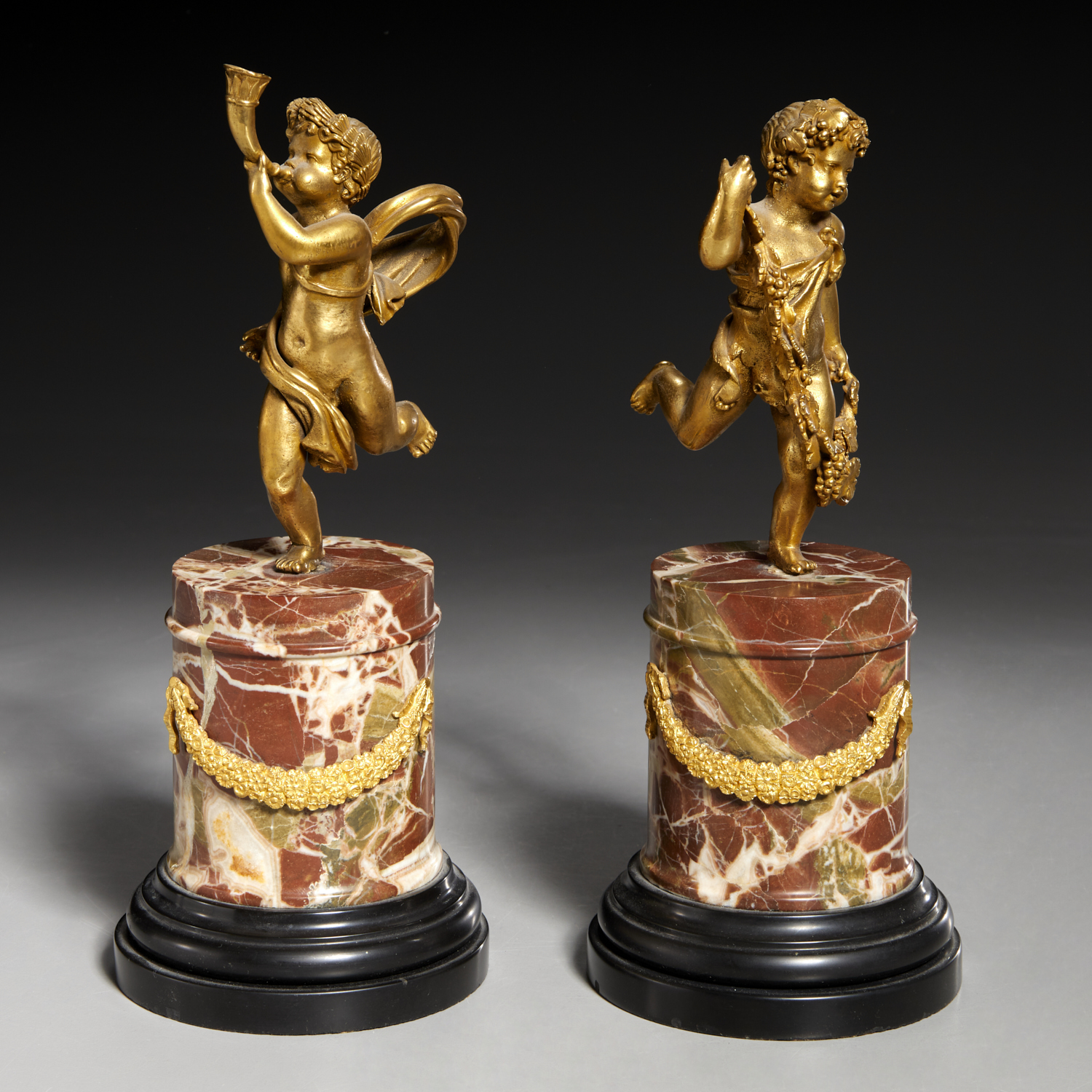 PAIR FRENCH DORE BRONZE PUTTI GARNITURES 360e39