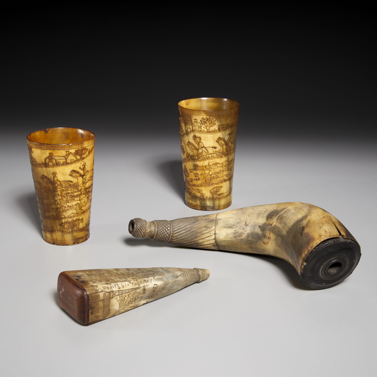 (4) PIECES HORN SCRIMSHAW, INCL.