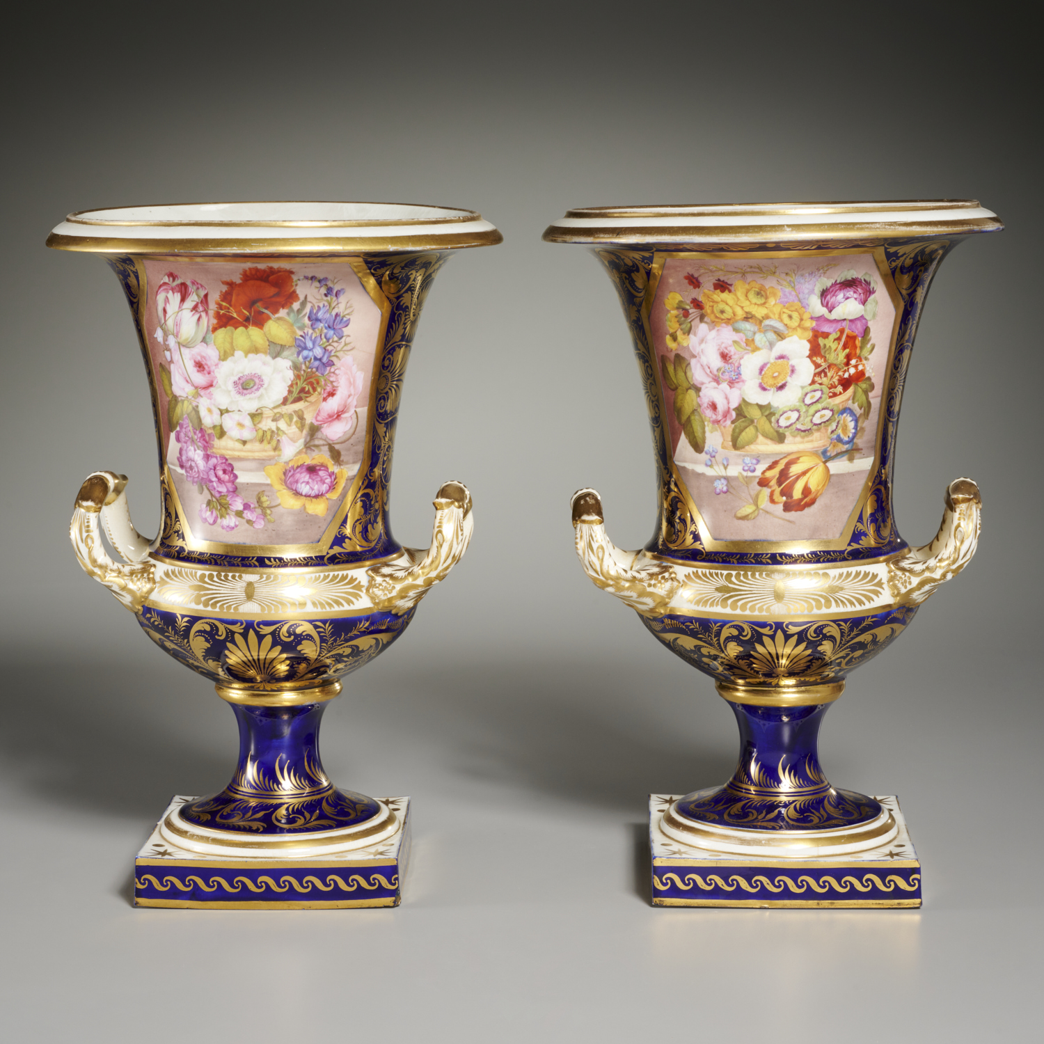 PAIR DERBY PORCELAIN CAMPANA URNS