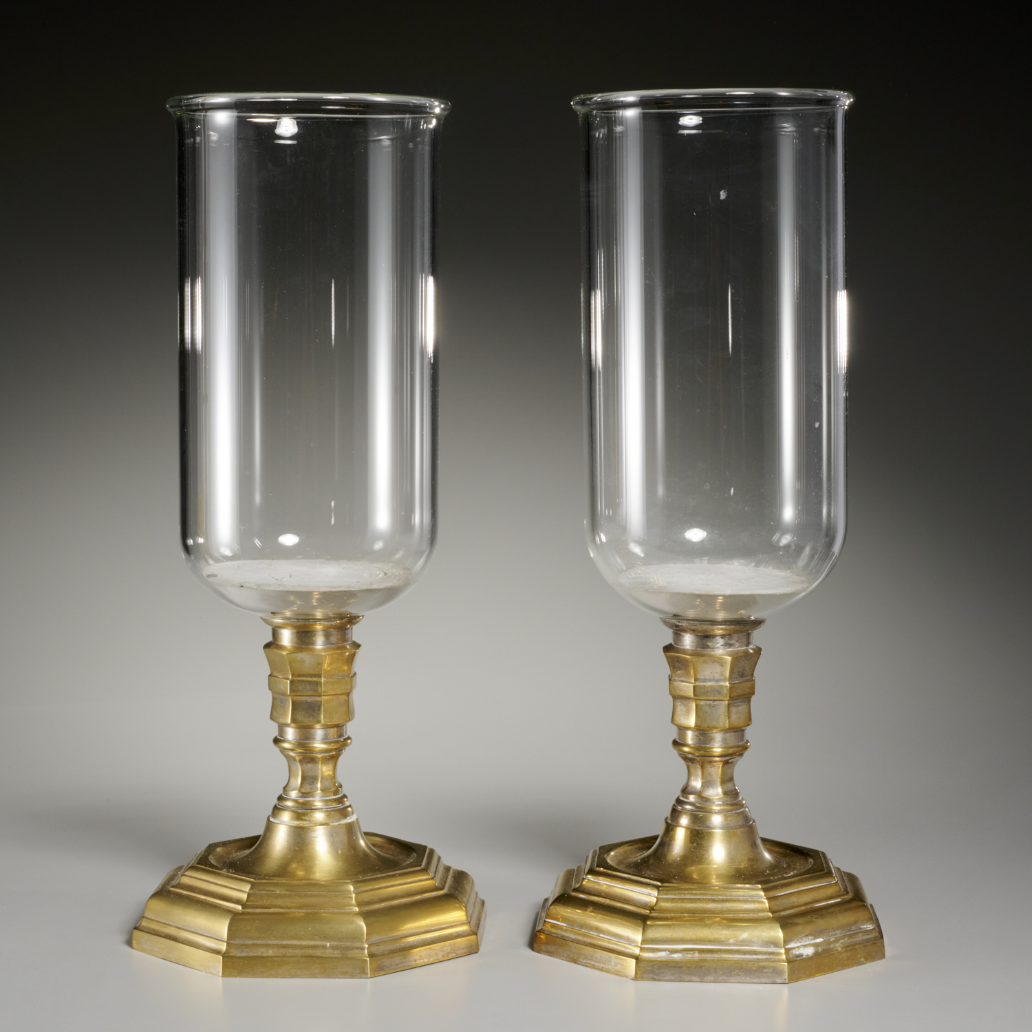 PAIR LARGE ENGLISH BRASS AND GLASS 360eb7