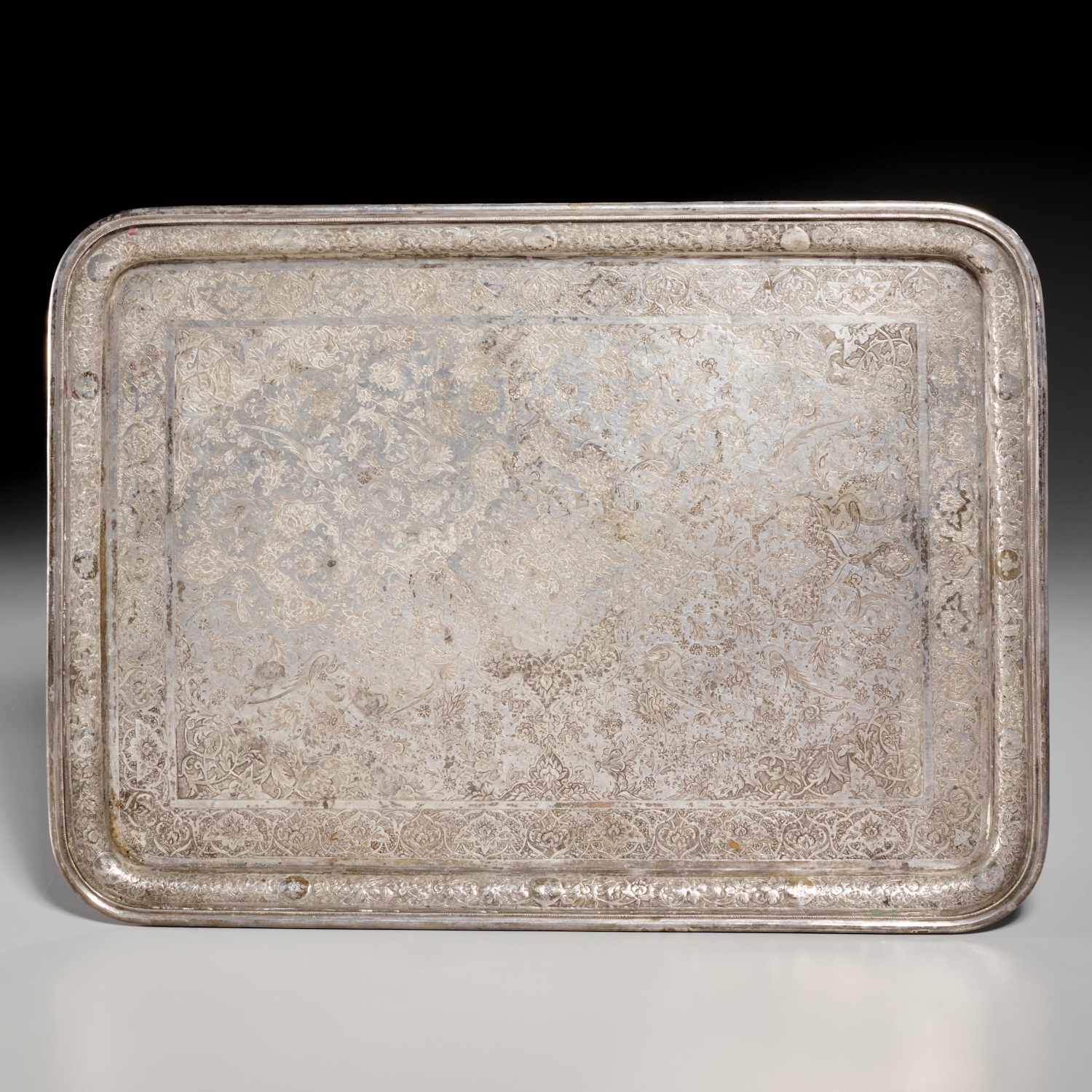 LARGE PERSIAN ENGRAVED SILVER TRAY 360fcb