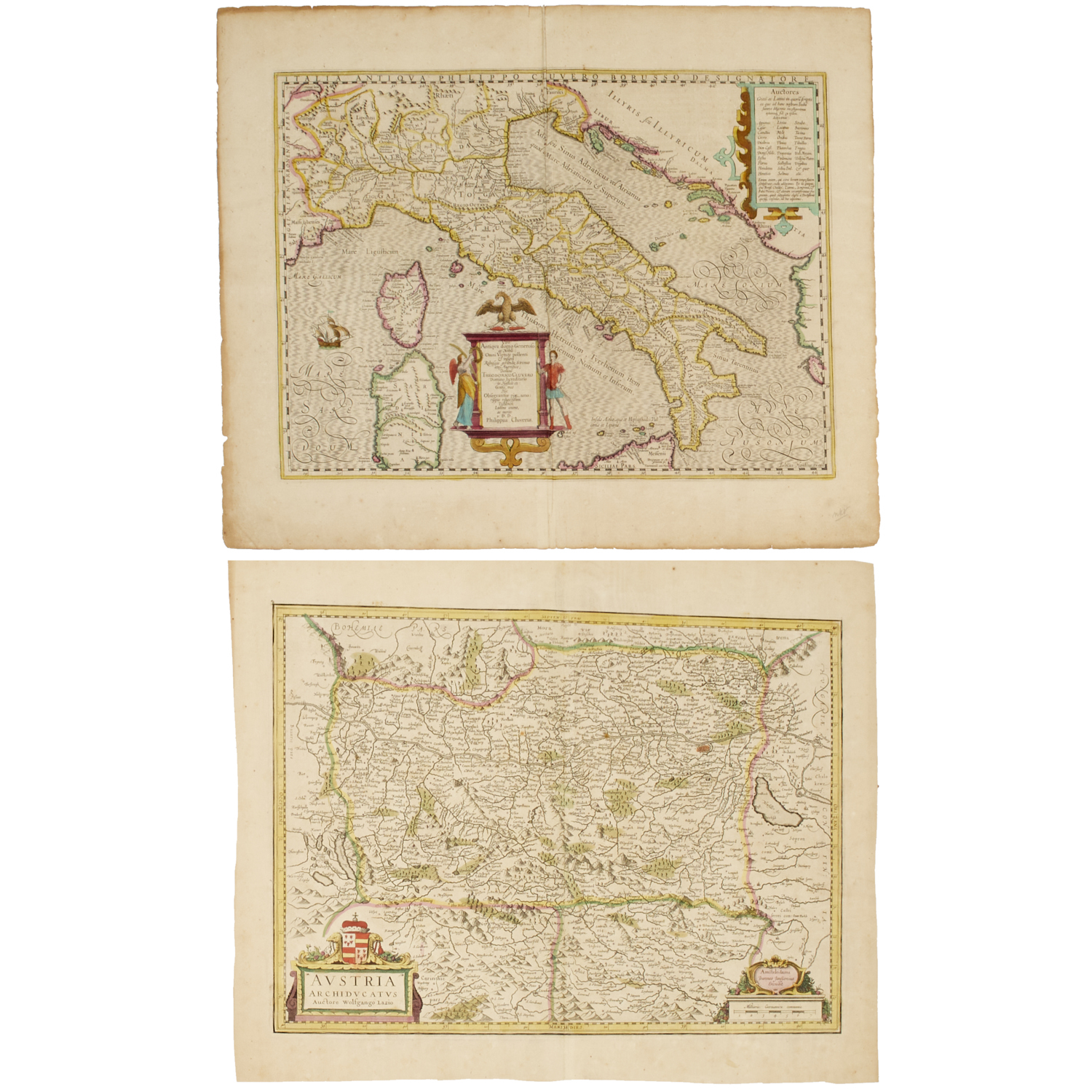 PAIR HAND-COLORED ANTIQUE MAPS,