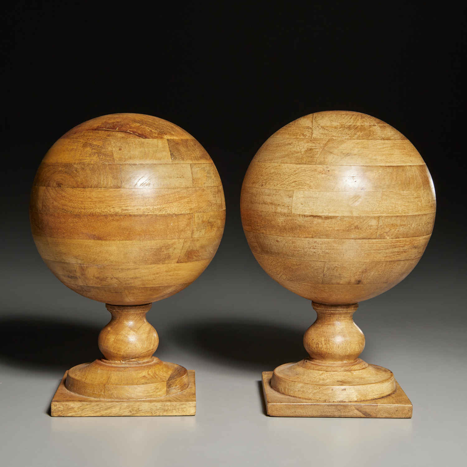 PAIR LARGE CARVED WOOD SPHERE ORNAMENTS 361000