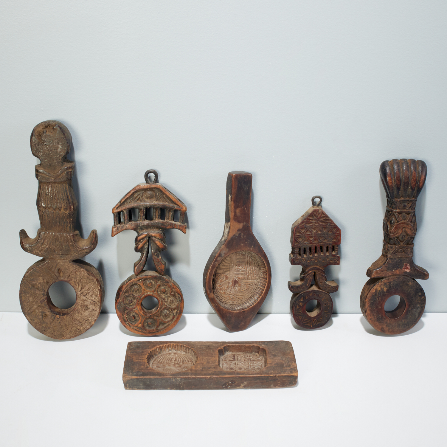 (6) NEPALESE WOOD BUTTER MOLDS AND CHURNS