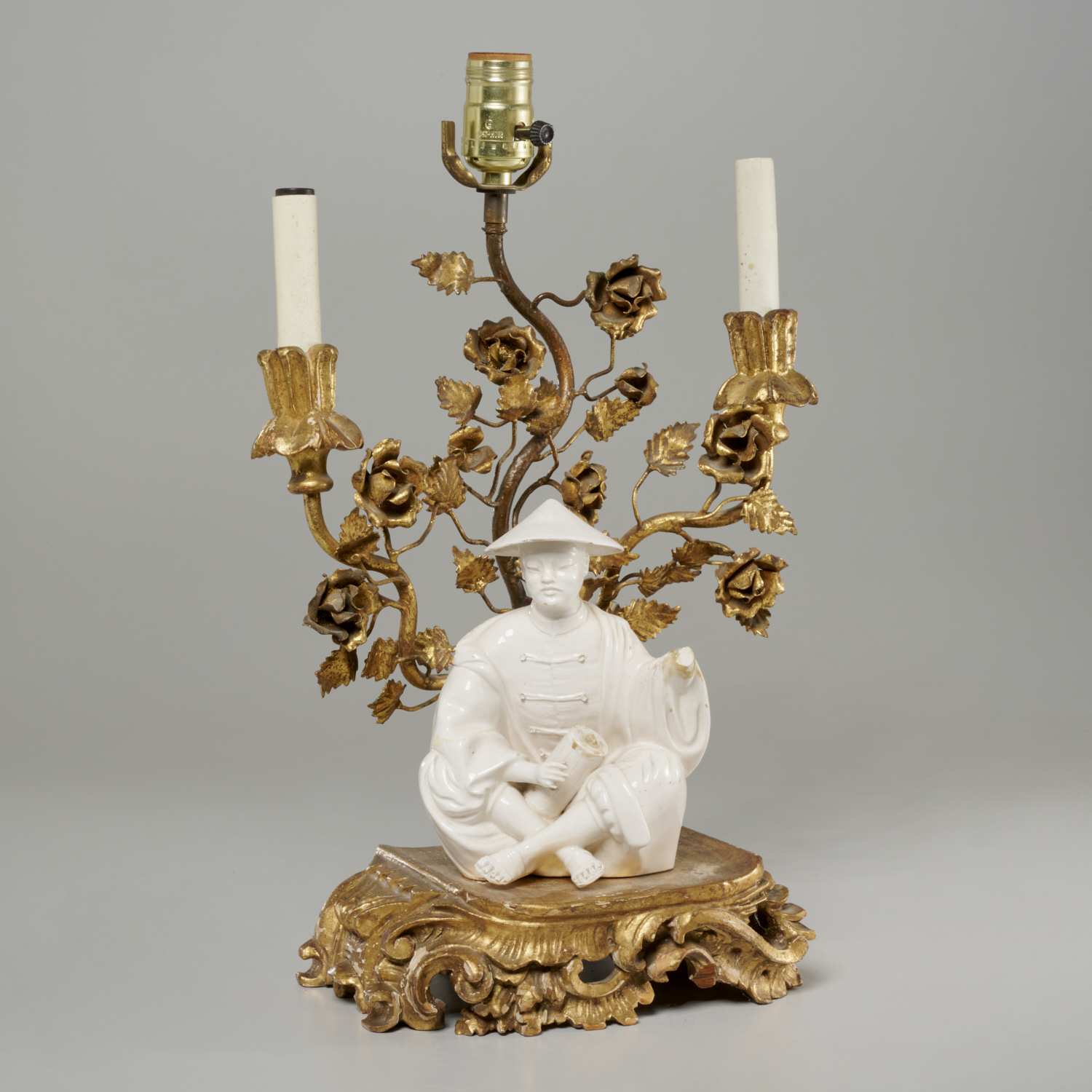 CHINOISERIE GILT TOLE AND CERAMIC