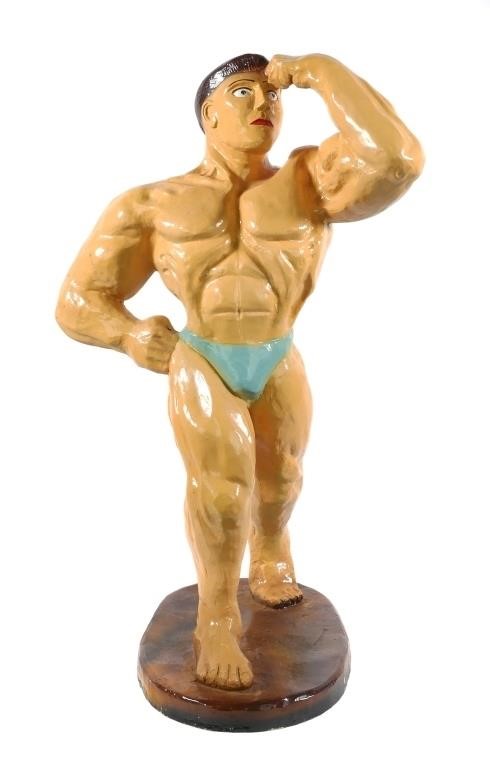 VINTAGE BODYBUILDER STATUE, FIBERGLASSCampy