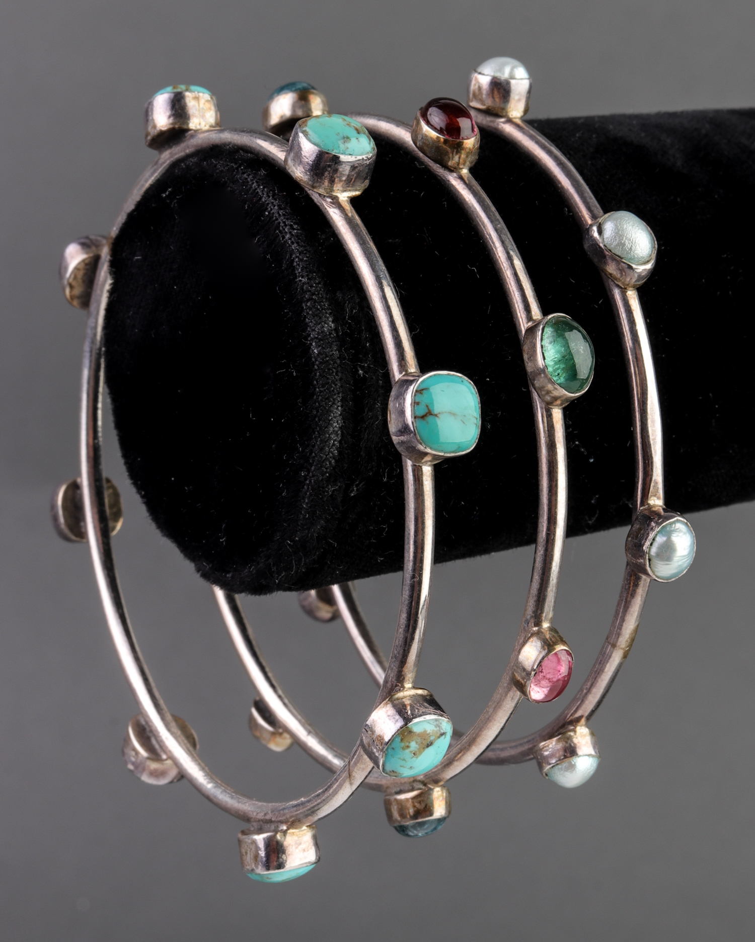 SILVER, STONE, & PEARL BANGLE BRACELETS,