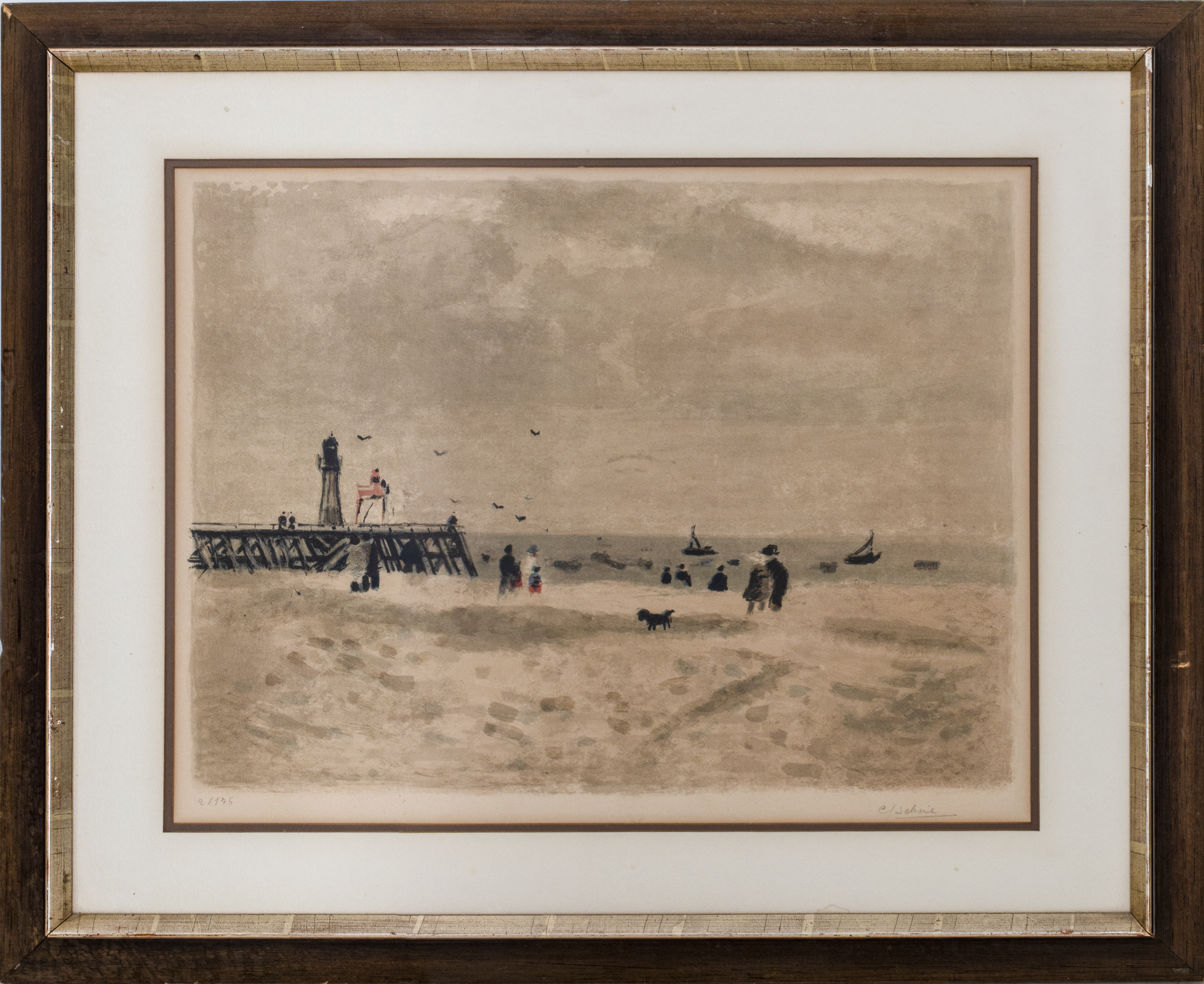 ILLEGIBLY SIGNED BEACH SCENE LITHOGRAPH 363dac