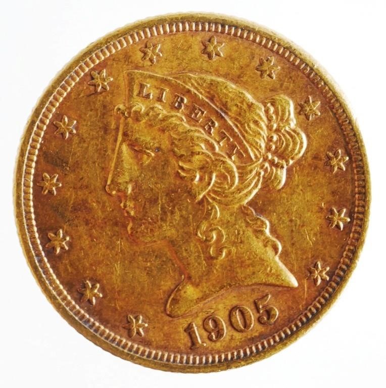 1905 S US 5 GOLD COIN1905S Coronet 363e45