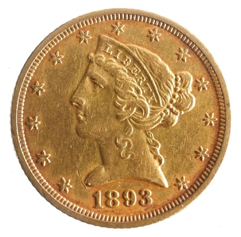 1893 US 5 GOLD COIN1893 Coronet 363e92