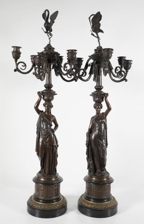 PAIR PATINATED BRONZE SIX-LIGHT