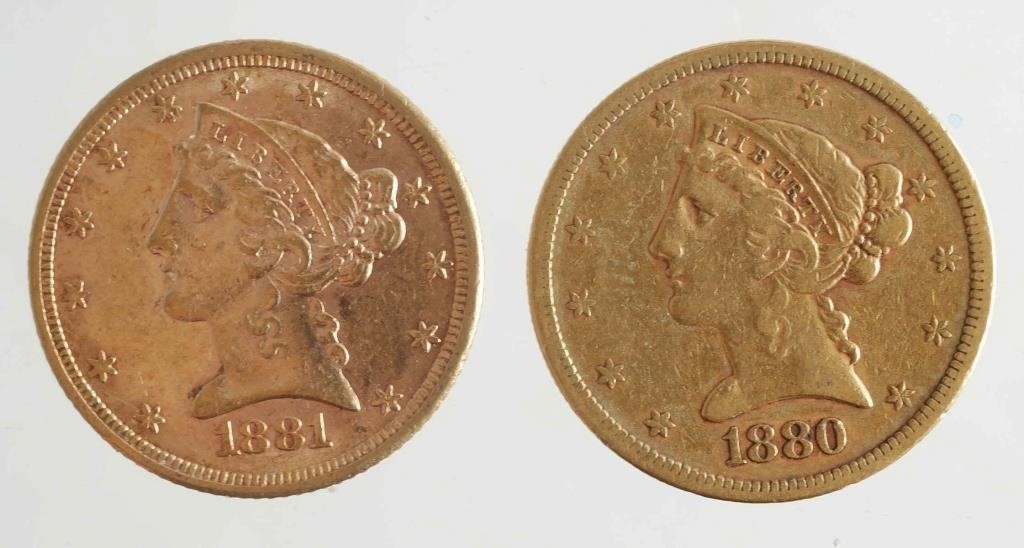 (2) US GOLD 1/4-OUNCE HALF EAGLES, 1880-18811880-S