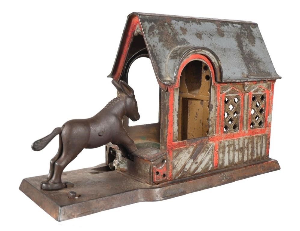 MECHANICAL BANK: MULE ENTERING BARN,