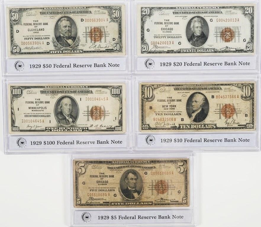 1929 NATIONAL CURRENCY NOTES, $5 TO