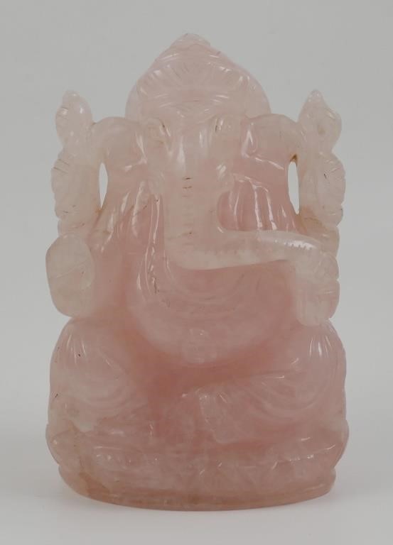 CARVED ROSE QUARTZ GANESHA STATUECarved