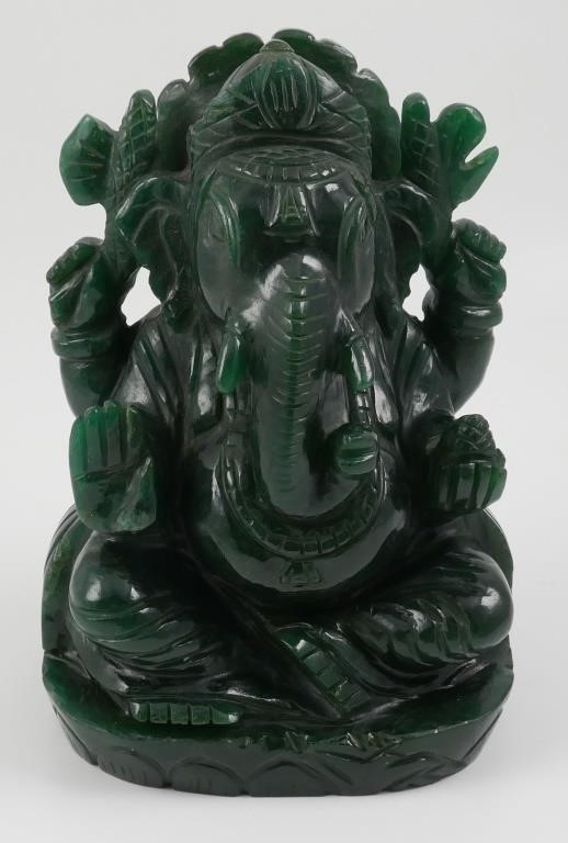 CARVED GREEN JADE GANESHA STATUE.Carved