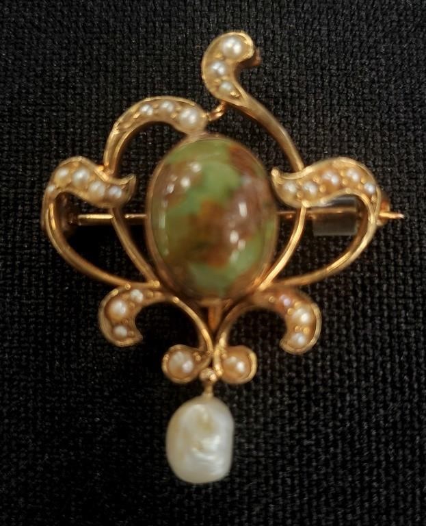 14K GOLD PEARL AND TURQUOISE BROOCH 364153