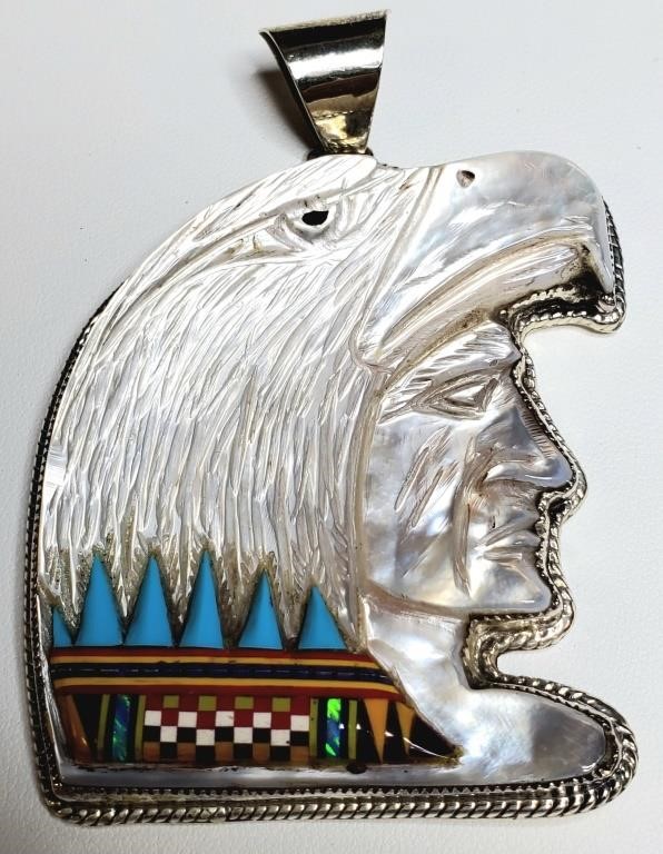ABALONE CARVED EAGLE INDIAN HEAD