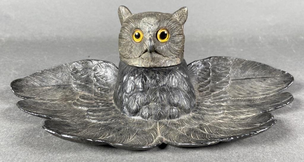 VINTAGE CAST IRON OWL INKWELL W/GLASS