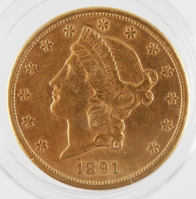 1891 S LIBERTY HEAD US 20 GOLD 36423e