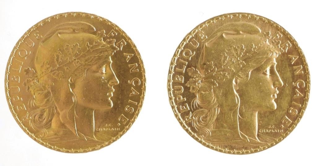 1905 1908 FRANCE 20 FRANCS GOLD