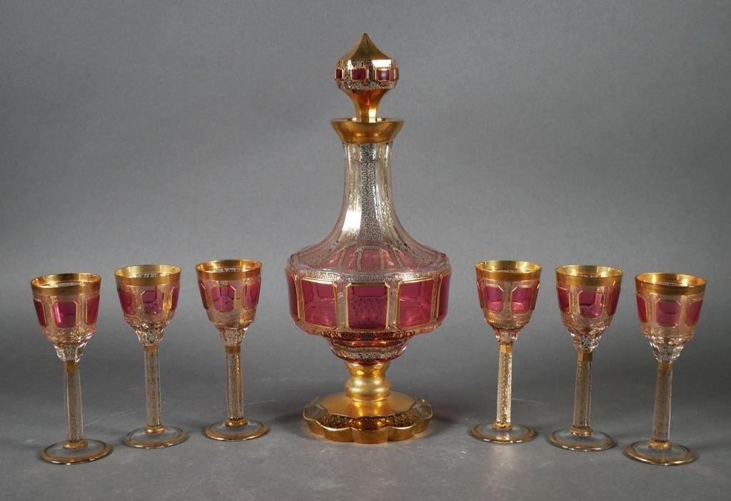 MOSER DECANTER W SIX STEMMED CORDIALSRuby 3642ed