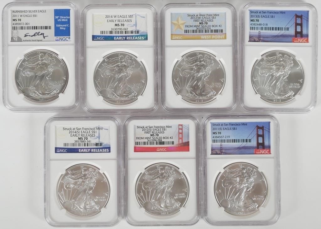  7 NGC GRADED MS70 SILVER EAGLES 7  36430d